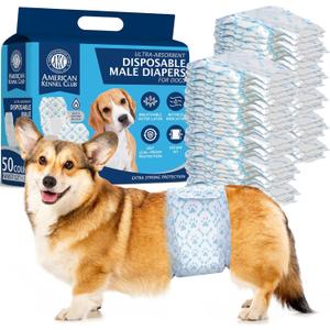 American Kennel Club Male Dog Wrap, Disposable Diapers with Wetness Indicator, Small, 50 Count (SM Waist Size 12 - 19 in)