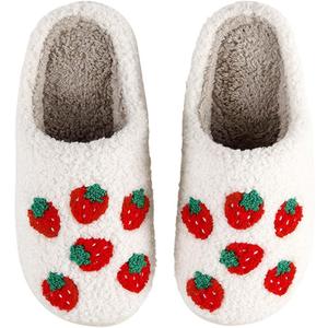 Comfy House Slippers For Women Men, Ladies Fuzzy Bedroom Slippers,indoor Outdoor Memory Foam Shoes (5-6 Women/4.5-5 Men, 1-strawberry)