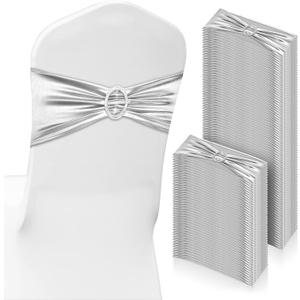 CHENGU 150 Pieces Spandex Stretch Chair Sashes Bows Elastic Chair Cover Bands Ties with Buckle Slider for Wedding Party Reception Events Universal Ceremony Banquet Decorations (Silver)