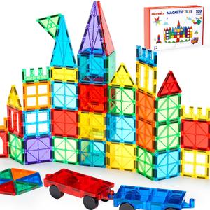 Gemmicc 100 PCS Magnetic Tiles with 2 Cars, STEM Approved Educational Magnet BuildingToys, Magnet Puzzles Stacking Blocks for Boys Girls