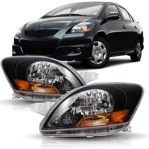 Headlight Assembly Replacement for 2007-2011 Toyota Yaris 4-DoorSedan Halogen Headlamp Pair, Black Housing