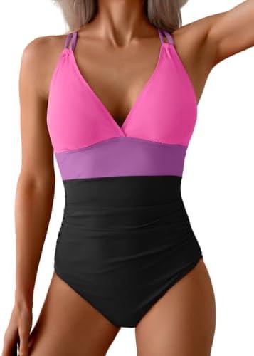 Aidonger Women's One Piece Color Block Swimsuit Tummy Control Slimming Bathing Suit V Neck Cutout High Waisted Swimwear, Pink & Black, M