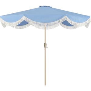 Tempera 9ft Blue Scalloped Patio Umbrella with Fringe,UV Protection Fade Resistant Canopy, 8 Sturdy Ribs, Outdoor Table Umbrella with Crank Tilt for Lawn, Pool, Deck, Balcony