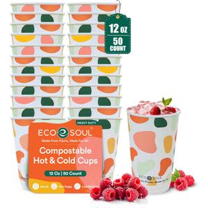 ECO SOUL 12 oz 50 Disposable Paper Cups,Hot/Cold Beverage Paper Drinking Cups, Leakproof Printed Cups for Cafe, Office, Party