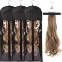 3PCS Extra Long Hair Extension Storage Bag Hairpieces Storage Holder with Wooden Hanger Dust-proof Portable Suit with Transparent Zip Up Closure- Light weight, Waterproof and Portable (Black)
