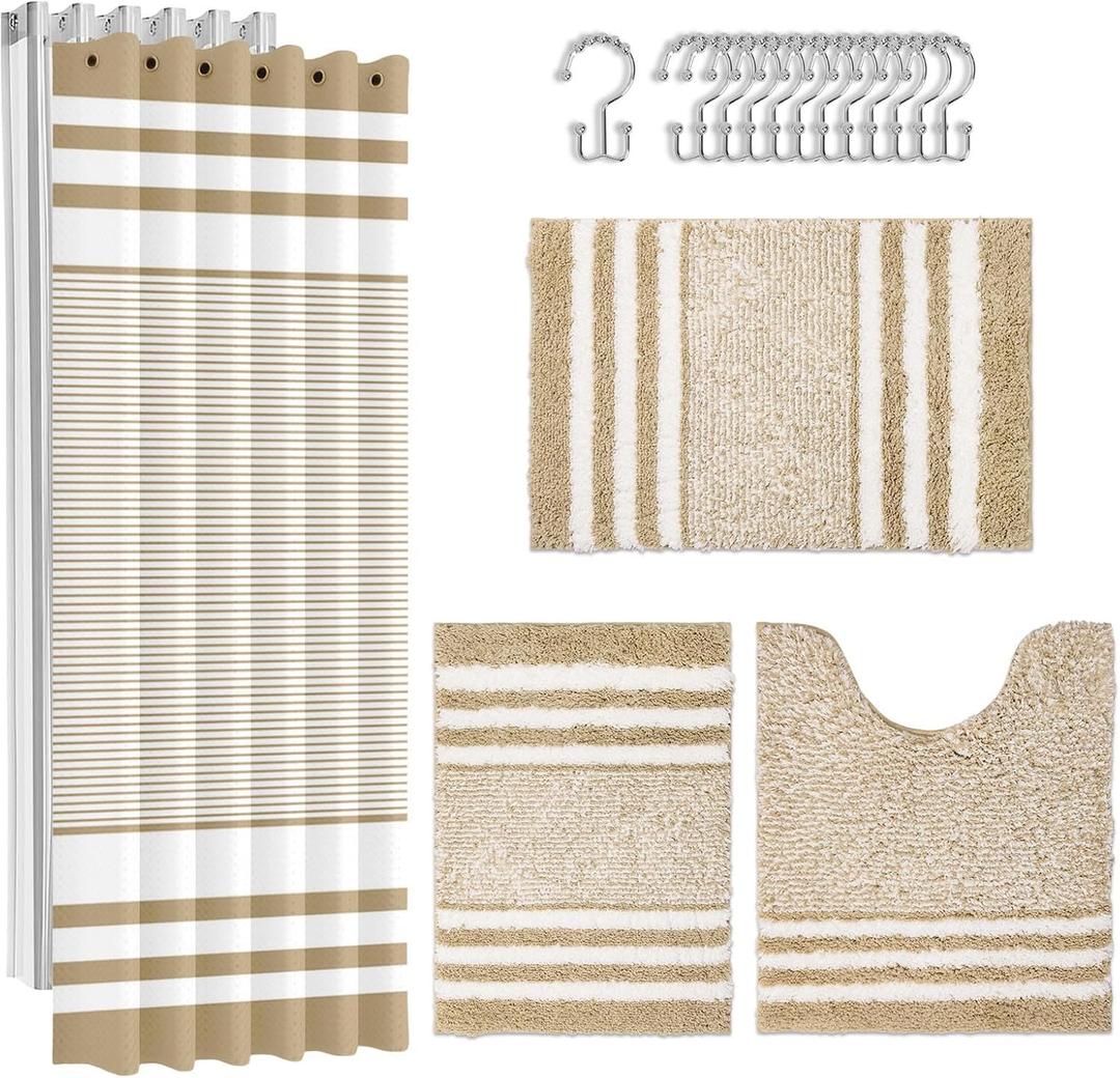 Britimes Beige Bathroom Sets with Shower Curtain and Rugs, Modern Striped Minimalist Style Waterproof Shower Curtain Liner and Soft Non Slip Bath Mat for Bathroom Decor and Accessories Hooks