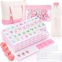 American Mahjong Set, 160 Pink Mahjong Tiles 4 Rack Pushers 4 Dice 3 Bags | 1.2'' Melamine Tiles, All-in-One Rack Pushers, Botanical Art, Clear Symbols, for Family Beginner Game Table Travel Collection, 1.2 x 0.9 x 0.5 inches
