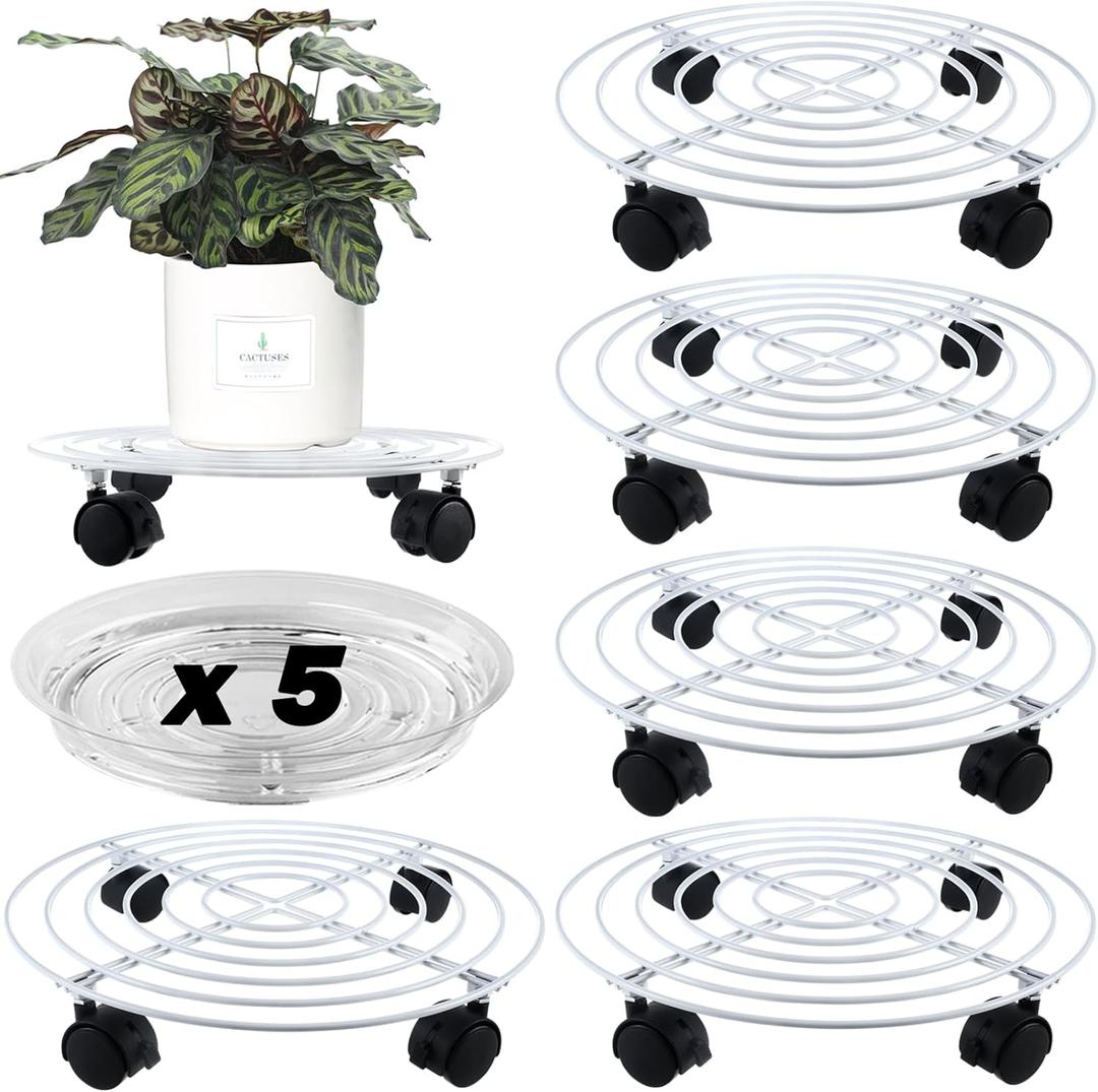 5 Packs Large Metal Plant Caddy with Wheels 13" Heavy-Duty Wrought Iron Rolling Plant Stands with Casters Plant Dolly Roller Base for Indoor and Outdoor Plant Pot Movers Coasters, White