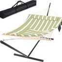 SUNCREAT Cotton Rope Hammock for Two People with Carrying Bag, Quilted Fabric Pad & Detachable Pillow, Extra Large Hammock with 12 FT Steel Stand, Ipad Bag & Cup Holder, Green&Beige
