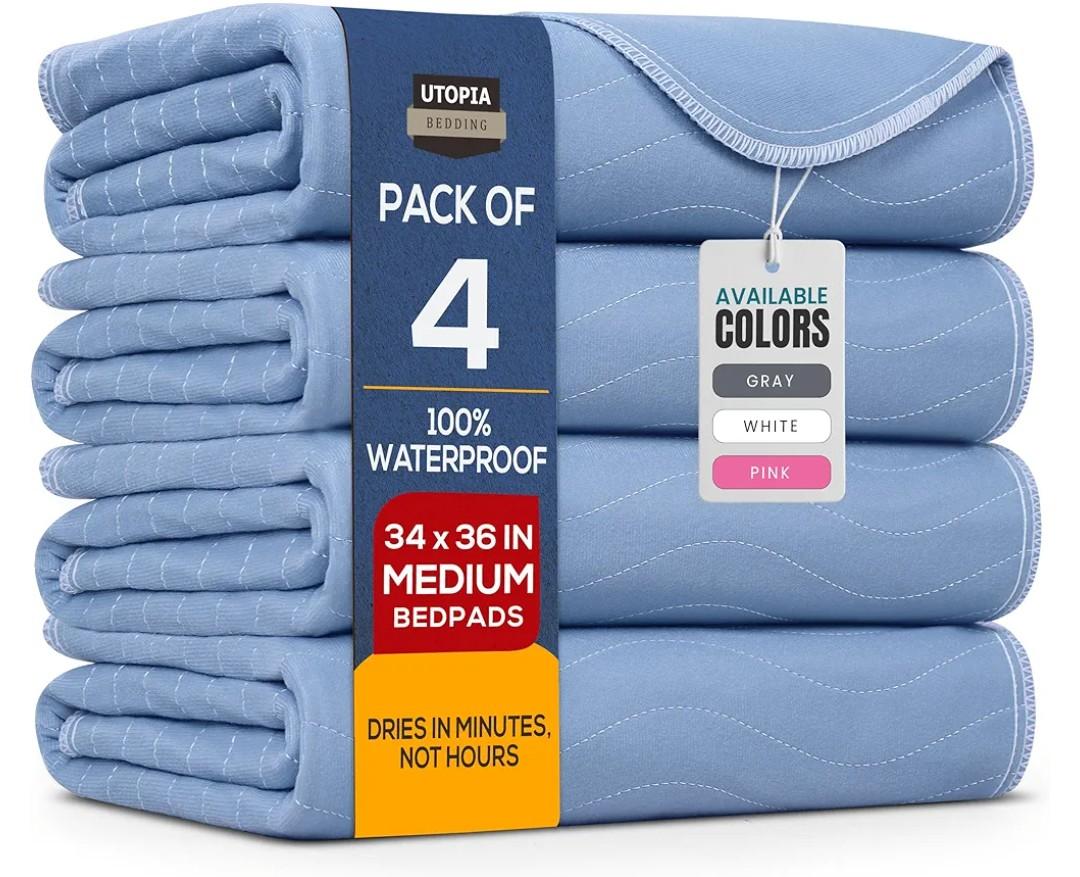 Bed Pads Washable Waterproof 34'' x 36'' (Pack of 4), Reusable Incontinence Underpads for Adults, Washable Pee Pads, Great for Dogs, Cats, Bunny, Seniors Bed Pad, Hospital Bed Sheets, Blue only 3