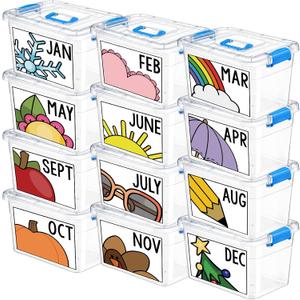 Wesiti 12 Pcs Monthly Classroom Storage Bins, 14 Qt Teacher Must Have Book Boxes with Monthly Stickers Labels, Back to School Classroom Treasure Boxes Organization Container, 12.6 x 8.66 x 7.48 Inches