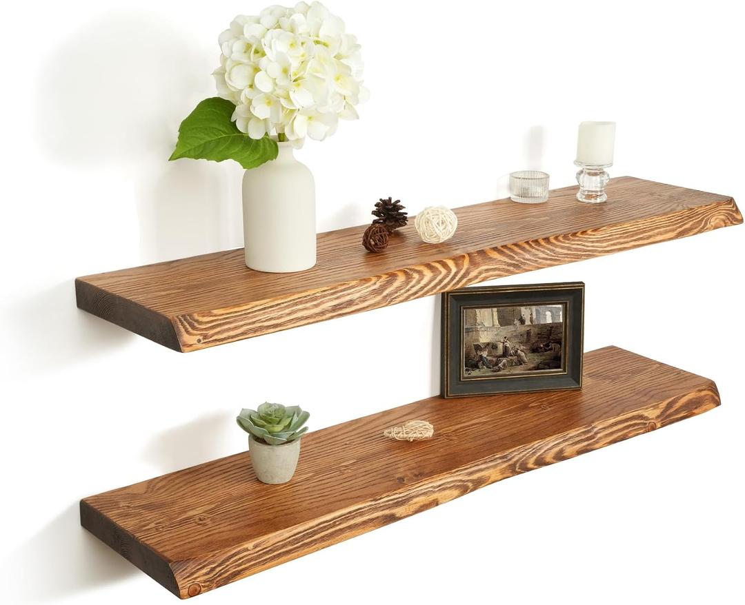 36 Inch Live Edge Floating Shelves for Wall Set of 2, Solid Finnish Spruce Natural Wood Floating Shelves, Thick Rustic Edge Shelves for Bathroom, Kitchen, Living Room Decor, Brown Finish, Live Edge, 36"L, 2Packs