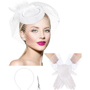 Geyoga 50s Fascinators Hat for Women 20s Feather Pillbox Hair Clip Funeral Tea Party First Communion Headpiece and Lace Glove