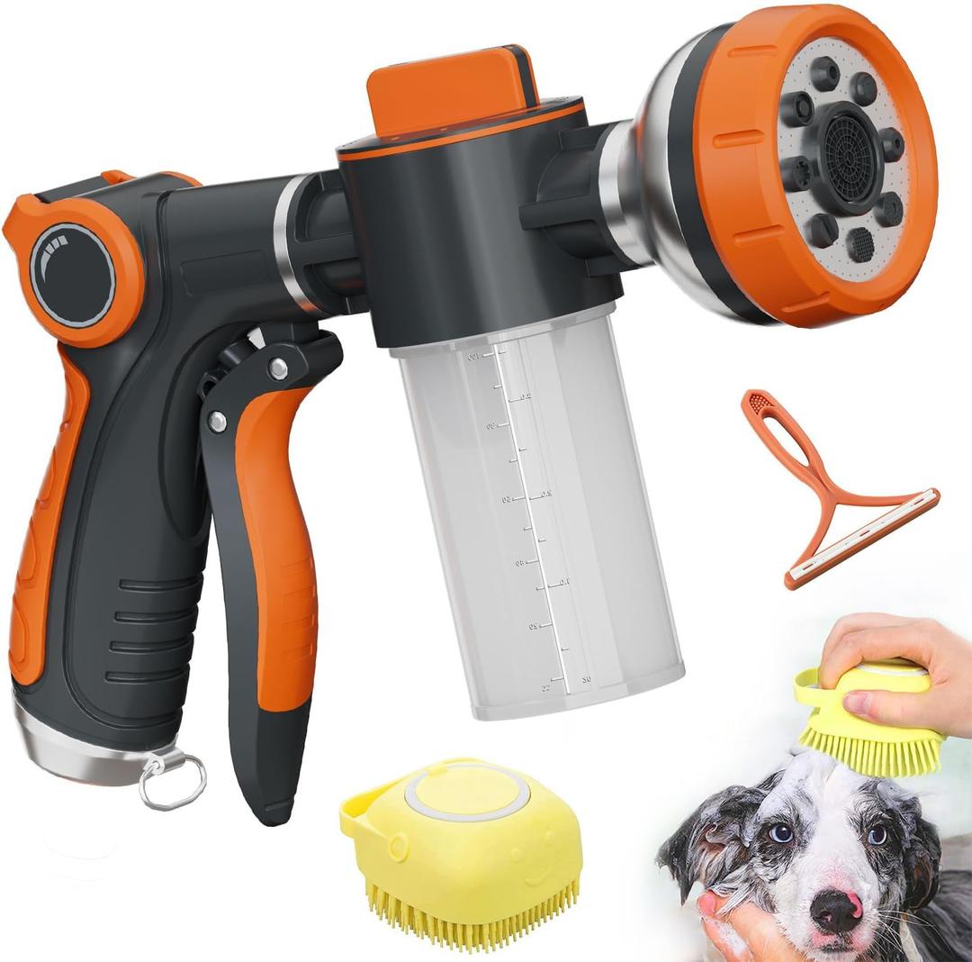 Garden Hose Nozzle,8 Patterns Hose Sprayer High Pressure,Heavy Duty Dog Wash,Metal Water Hose Nozzle with Soap Dispenser,Car Wash Foam Gun With Pets Things, 18.98 inches