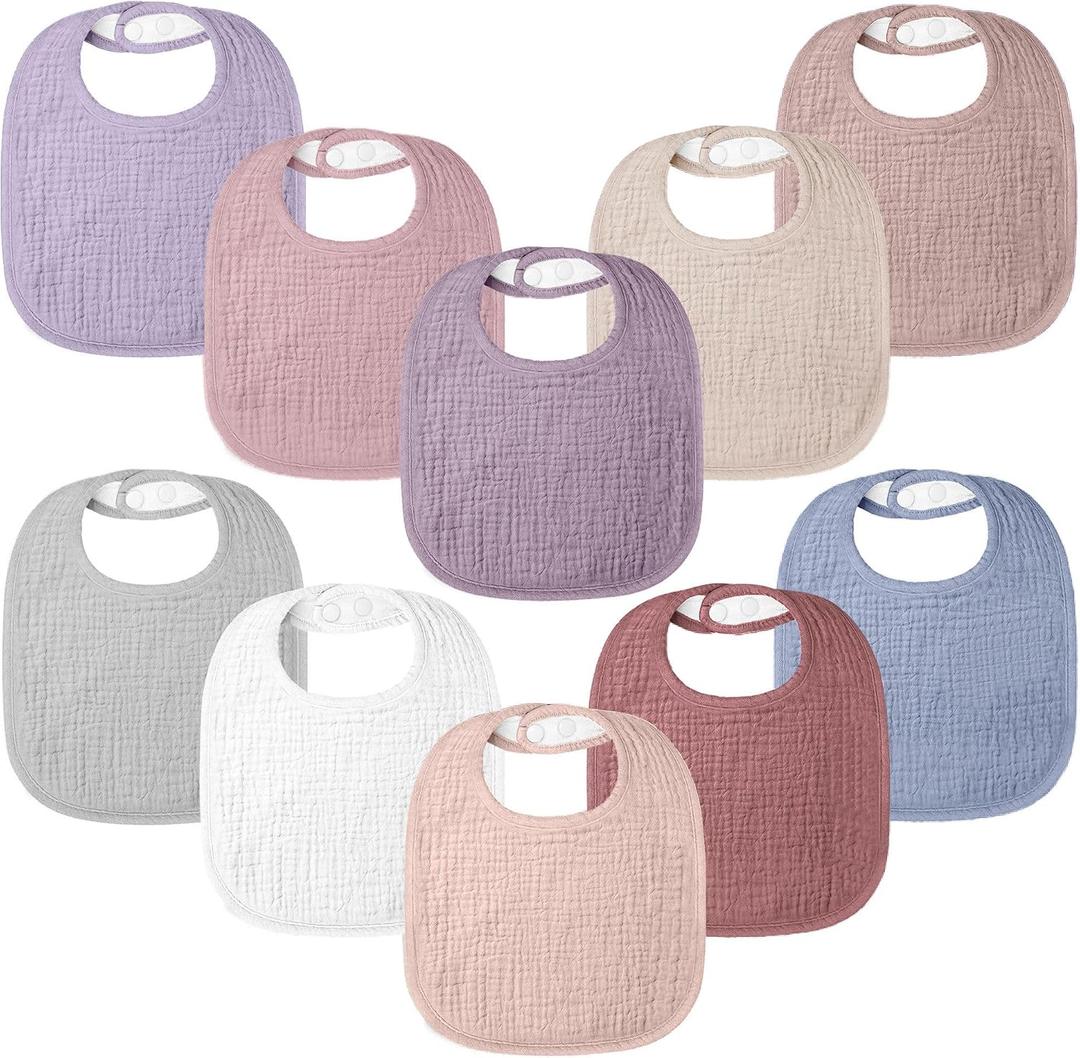 Bearmoss 100% Cotton 10 Pack Muslin Baby Bibs for Drooling and Teething