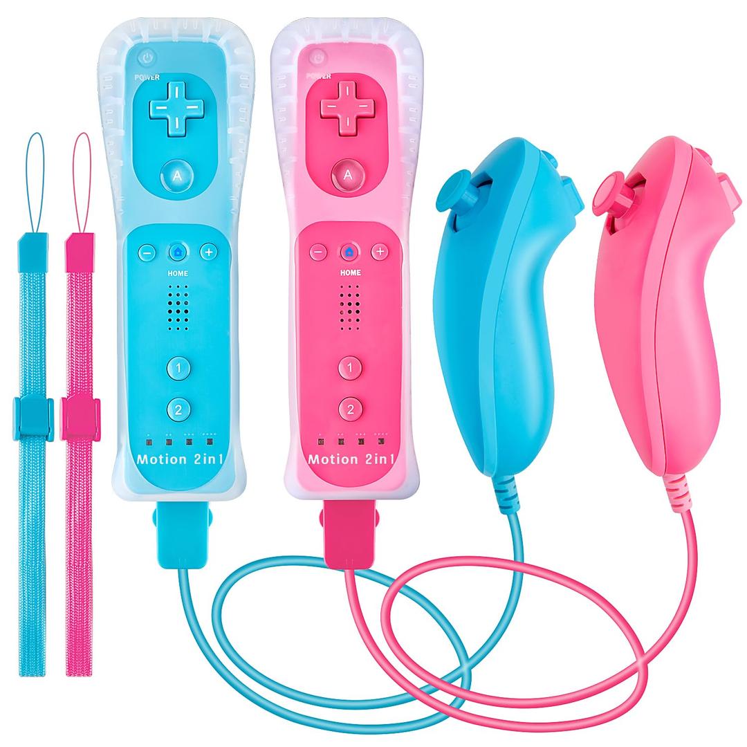 DTianSir 2Pack Motion Plus Wii Remote Controllers with Nunchucks,Wii Remote Controllers with Built in Motion Plus Compatible for Wii U Consoles(BluePink) [video game]