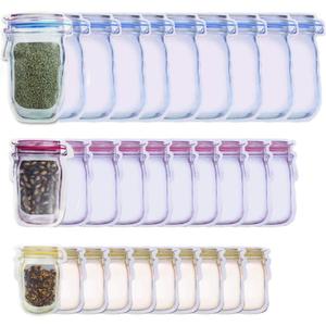 HAOT 30 Pack Mason Jar Zipper Bags - Reusable Airtight Seal Food Storage Snack Ziplock Bags, Leak-Proof Tea Refrigerator Organizor Kitchen Storage Outdoor (Yellow,Blue,Red)