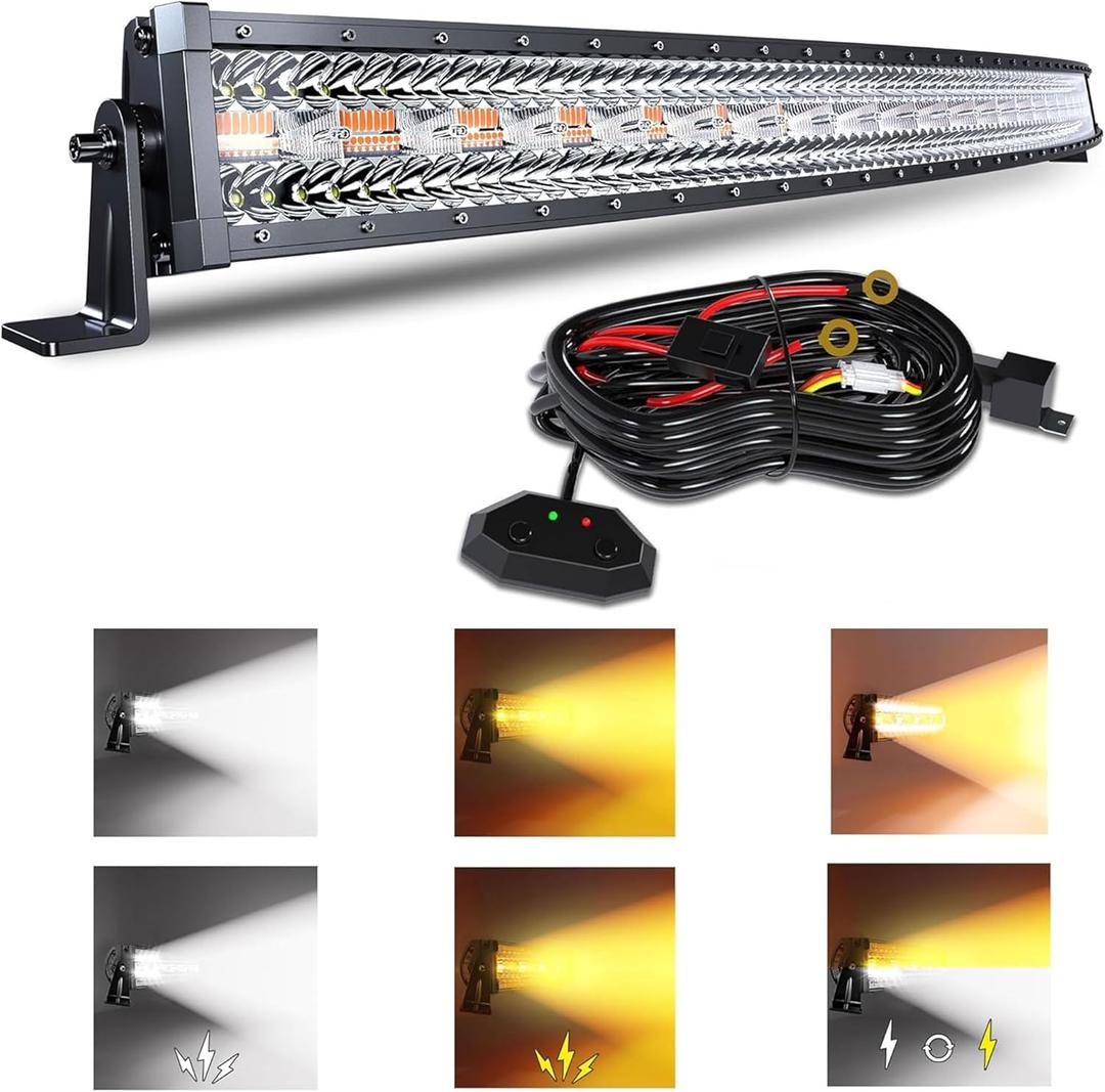 50 Inch 288W Curved LED Light Bar White/Amber Flasing Strobe Light with Six Modes Driving Fog Lights Spot Flood Combo Bumper Lights with Switch Wiring Harness for Offroad Truck 4WD SUV ATV UTV