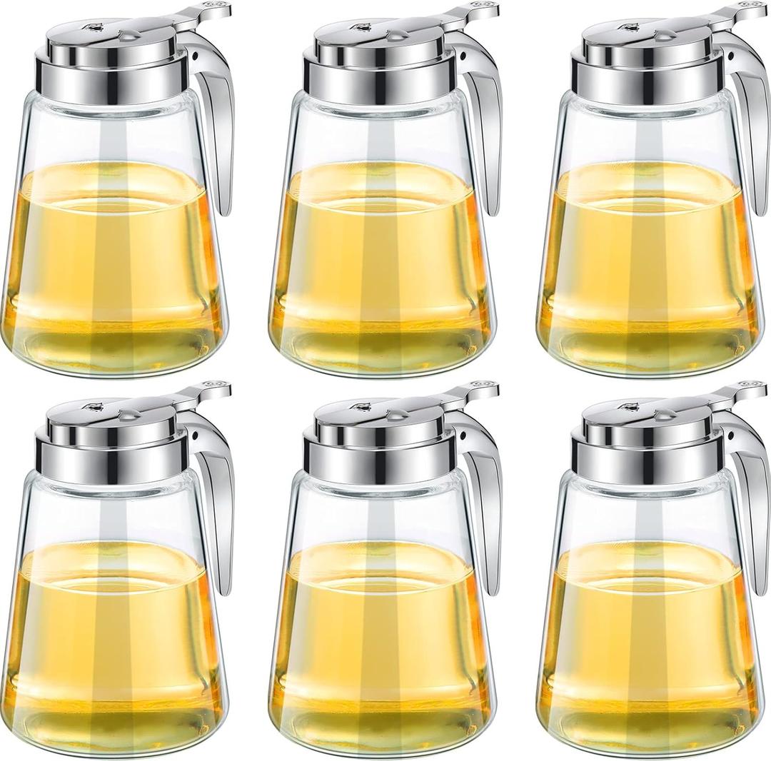 Mimorou Syrup Dispenser Set of 6 Glass Bottle Honey Maple Syrup Pitcher with Retracting Spout Plastic Lid Containers for Restaurants Sugar Pancake Coffee, 12 oz