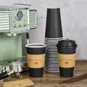 LITOPAK 100 Pack 16 oz Paper Coffee Cups with Lids, Black Disposable Coffee Cups with Lids, Sleeves and Stirring Sticks, for Parties, Picnic, Travel, and Events