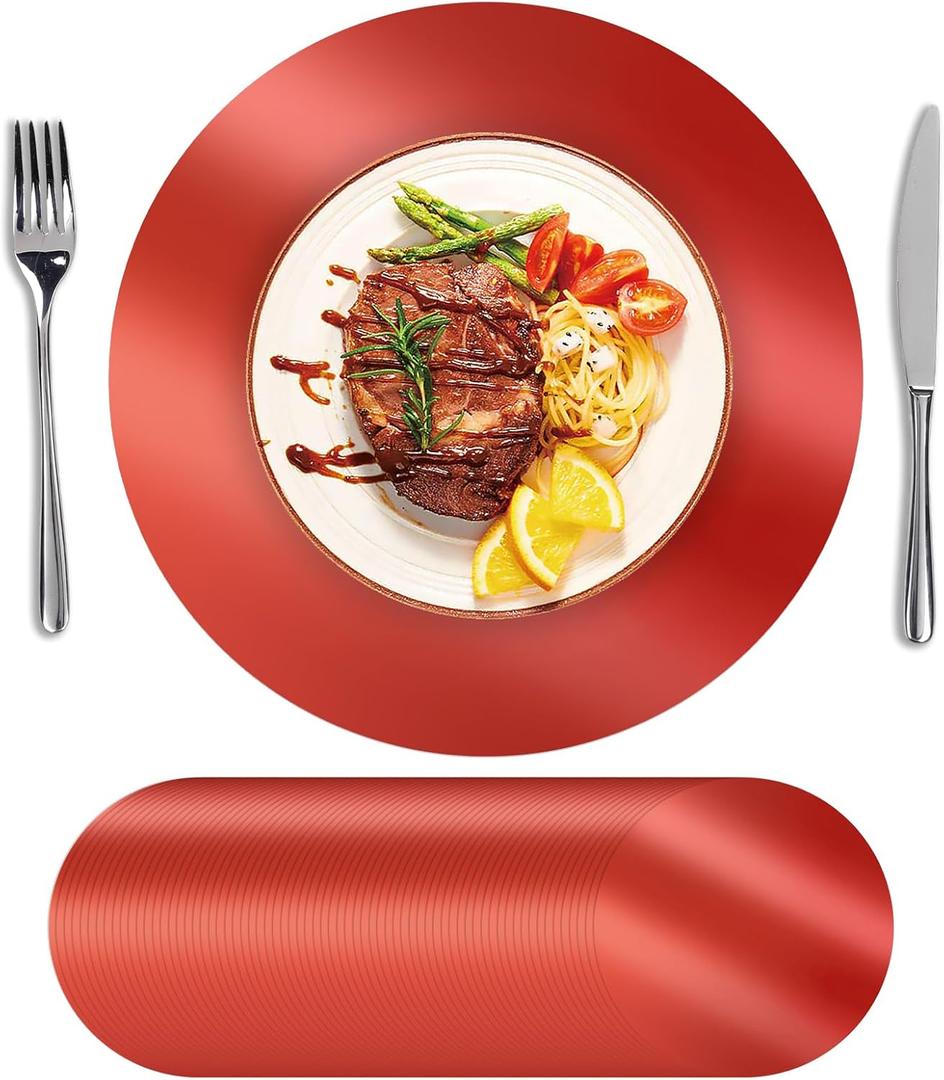 SHACOS 100Pcs Disposable Paper Placemats Red, 13" Round Place Mats Dining Table Paper Charger Table Mat for Christmas Dinner Party Wedding Birthday Banquet Table Setting Decor