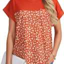 Vrtige Women's Floral Panel Short Sleeve Blouse Round Neck Casual Tops Summer Shirt with Pocket (XL)