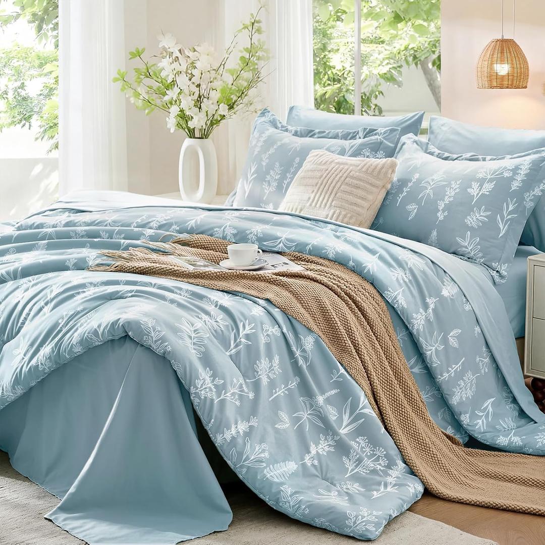 MUXHOMO Mineral Blue Cal King Comforter Set, Elegant Floral Print Bed in a Bag 7 Pieces, Ultra Soft & Breathable Reversible Botanical Pattern Bedding Set with Comforter, Sheets, Pillowcases, and Shams