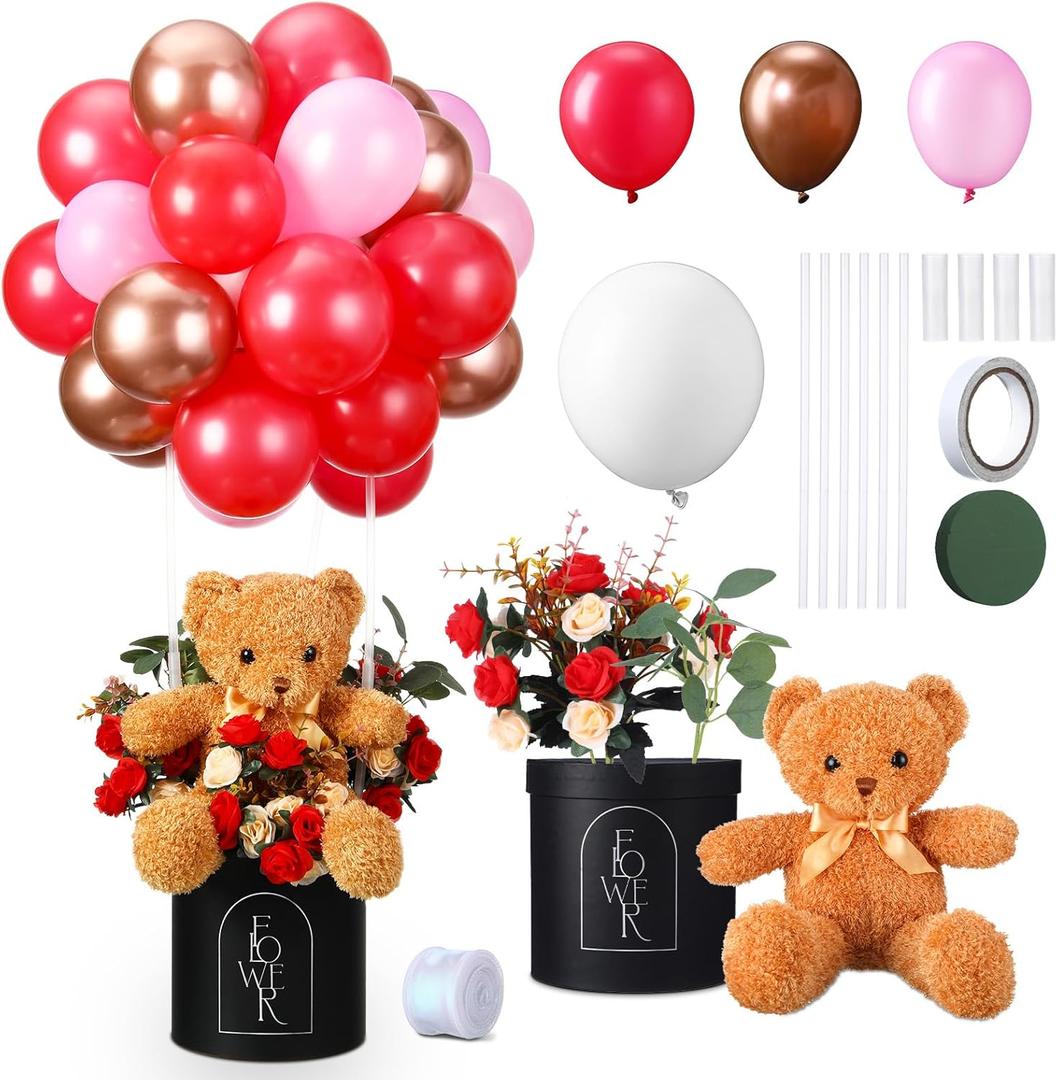 Vinsot 113 Pcs Valentine's Day DIY Gift Set Include Balloons Hug Buckets Bears Faux Bouquets Ribbon Box for Valentine Galentines Day Wedding Birthday Party Women Romantic Gifts Decoration