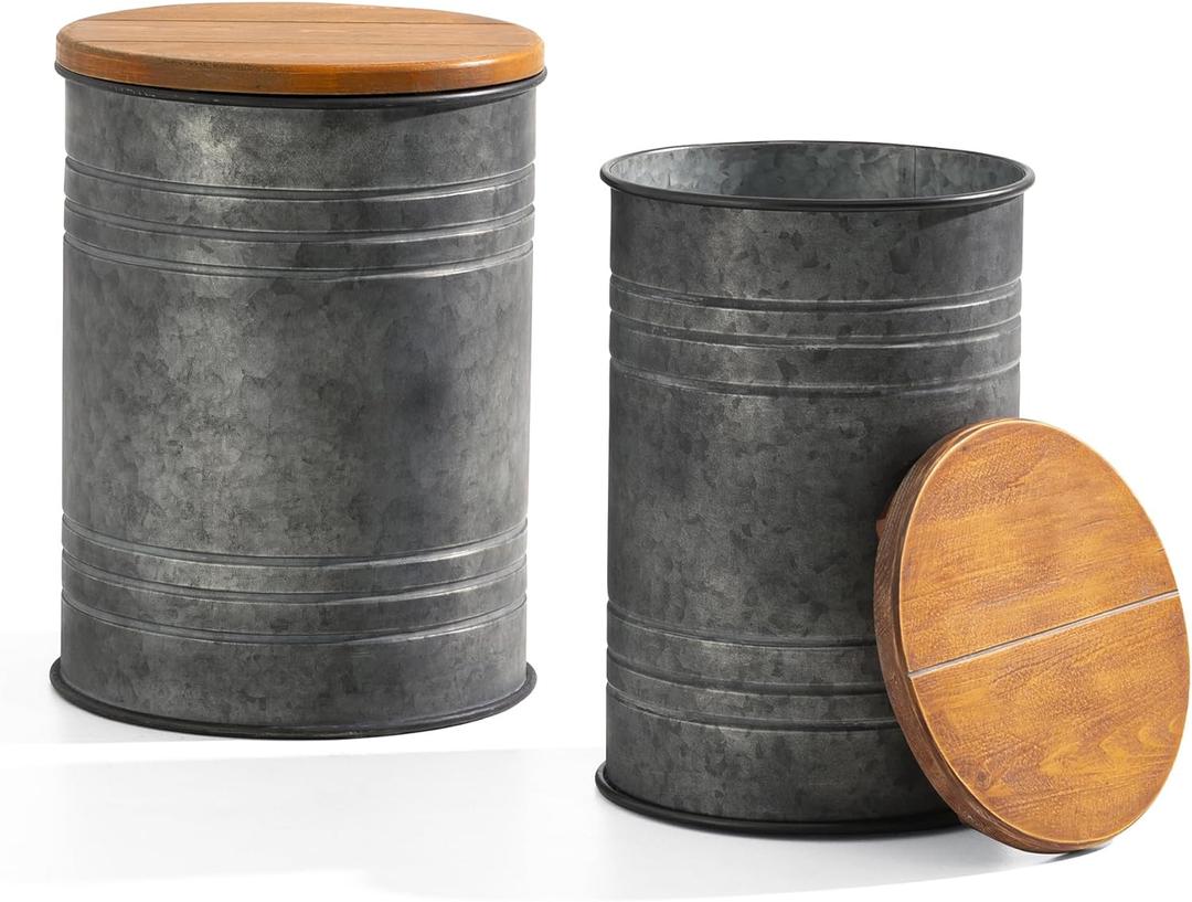 Glitzhome Rustic End Table Set of 2, Farmhouse Galvanized Metal Barrel Ottoman Storage Stool with Round Wood Lid for Living Room Furniture, Grey