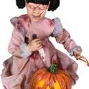 Haunted Hill Farm Lunging Pumpkin Carver Zombie Girl by Tekky, Motion-Activated Talking Halloween Animatronic for Indoor or Covered Outdoor Creepy Halloween Decorations, Plug-in or Battery Operated