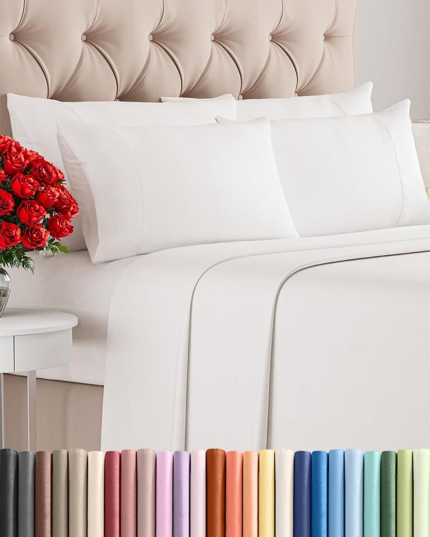 Full 6 Piece Sheet Set - Comfy, Breathable & Cooling - Soft Hotel Luxury Bedding for Women, Men, Kids, Teens and Children - 1 Flat & 1 Fitted Sheet & 4 Pillowcases with Deep Pockets - Antique White