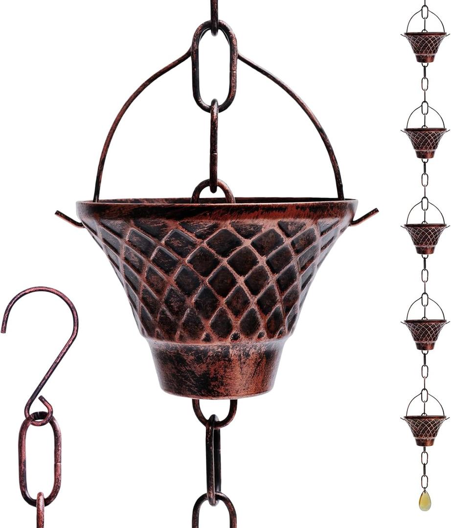 8.5 ft Rain Chain for Gutters, Decorative Metal Rain Catcher with 12 Vintage Cups, Gutter Chain Downspout for Patio, Garden, Porch & Eaves