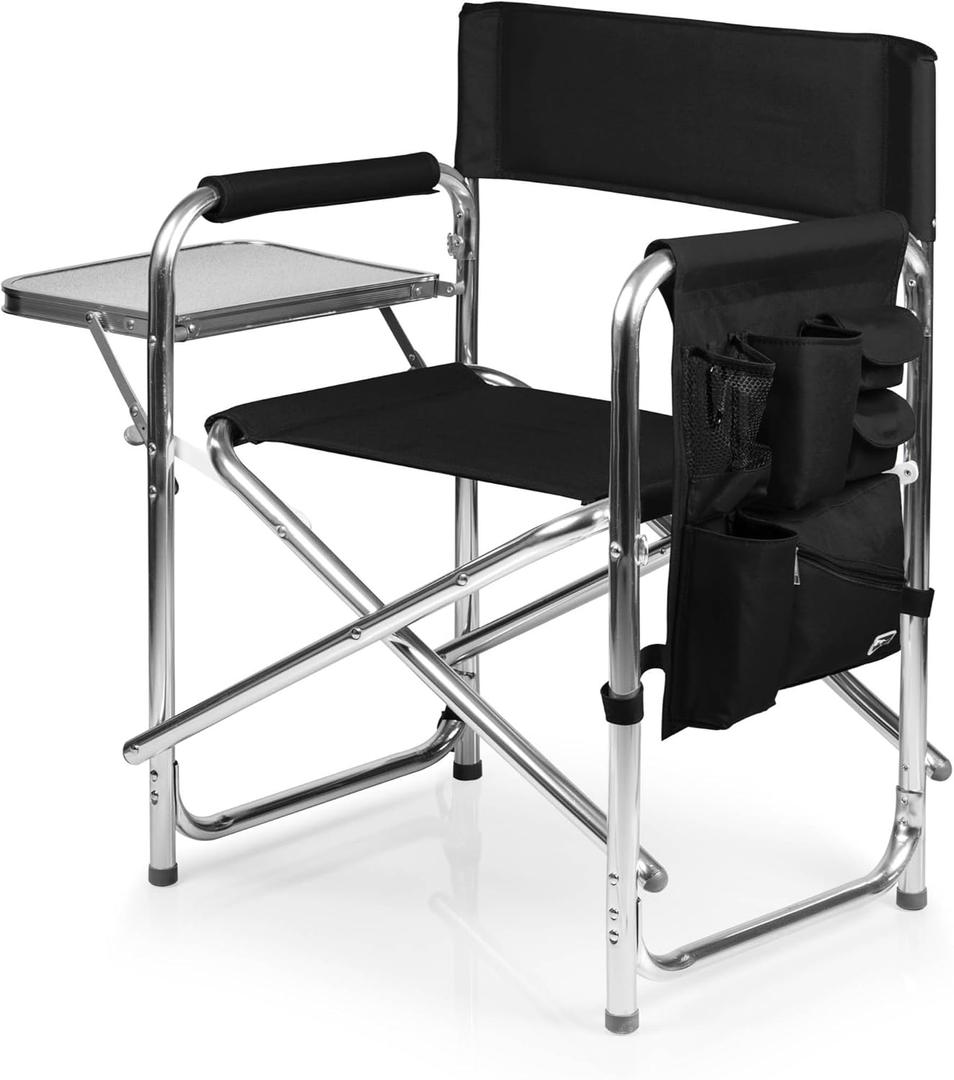 PICNIC TIME Sports Chair with Side Table, Outdoor Foldable Padded Adult Camping Chairs with Cup and Accessory Panel for Lawn, Beach, & Sports Use for Adults, up to 300-lbs Capacity, (Black)