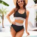 High Waisted Bikini Sets for Women Sporty Color Block Two Piece Bathing Suit Tummy Control Swimsuits Scoop Neck (Black, S)