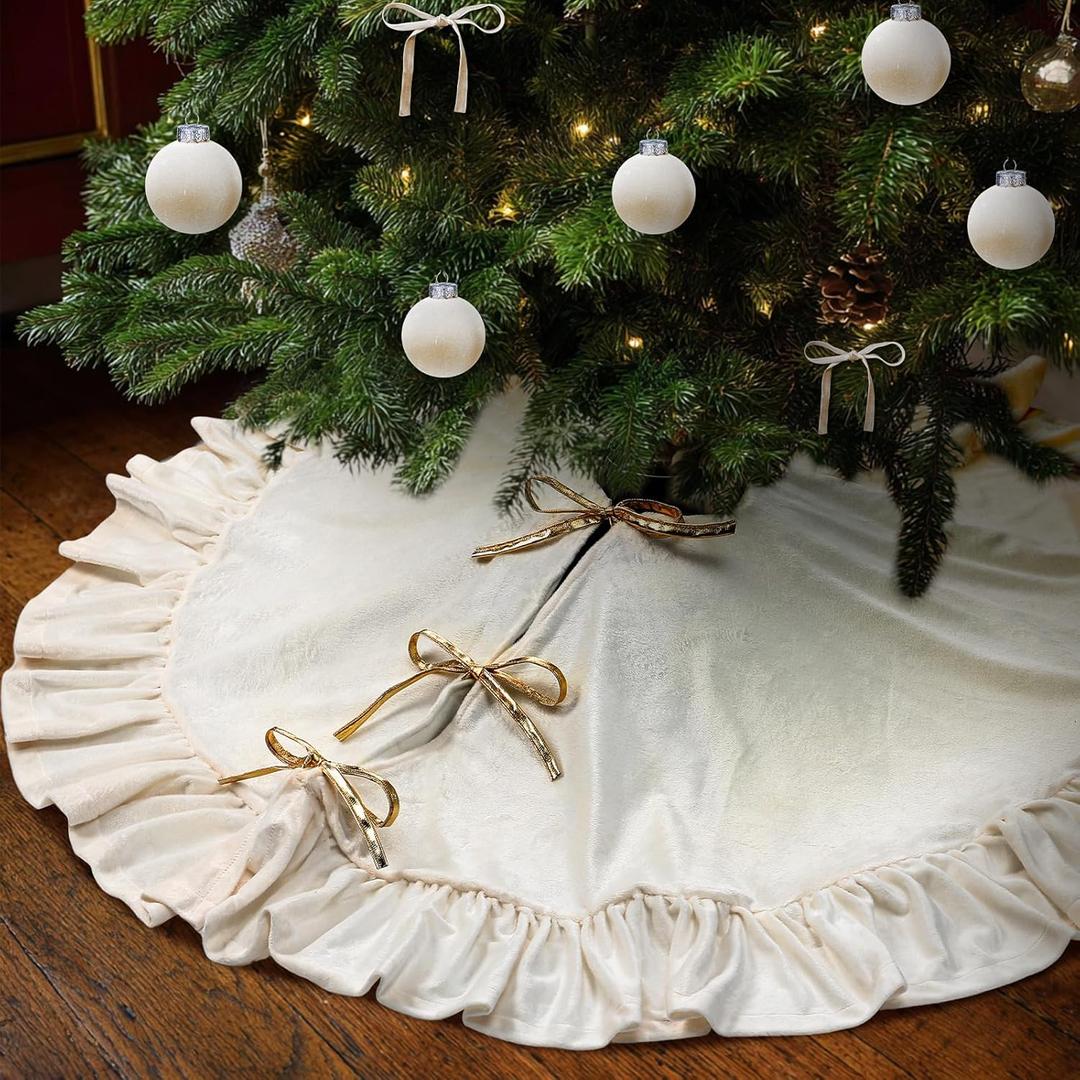 48 Inches Velvet Christmas Tree Skirt Ivory White with Gold Bow Fur Plush Tree Skirt Luxury Xmas Skirts for Merry Christmas Party Vintage Holiday Decorations