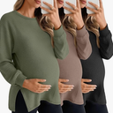 Sweetyweee 3 Pack Women's Maternity Shirts Long Sleeve Waffle Knit Side Split Oversized Tops Pregnancy Clothes Fall Tees(Army Green, Coffee, Black,Medium)