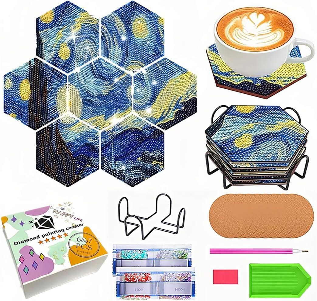 NIHO-JIUMA Diamond Art Starry Night Coaster, DIY Diamond Painting Coasters for Adults/Teen (7 pcs)