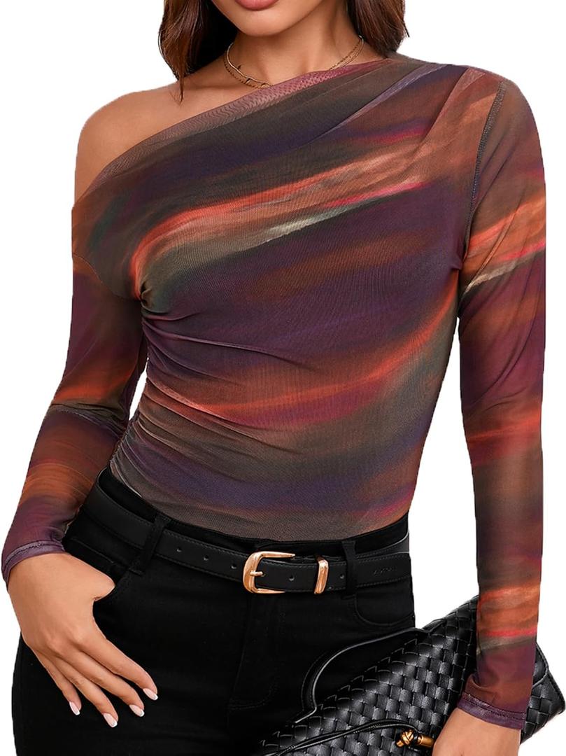 Women's Off The Shoulder Shirts Tie Dye Long Sleeve Mesh Casual Top Trendy Ruched Slim Fitted Tees (XS)