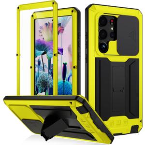 Samsung S23 Plus Case with Screen Camera Protector Kickstand, Samsung S23 Plus Rugged Military Metal Heavy Duty Case with Stand Screen Protector Slide Camera Cover for Man Outdoor (Yellow)