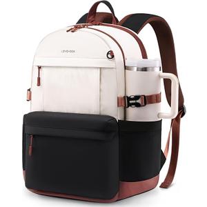 LOVEVOOK Laptop Backpack for Women with Giant Tumbler Holder,18 Inch Laptop Computer Bag Travel Backpack Purse,Waterproof Work Business Backpack College Bookbag Teacher Bags,Beige-Black-Brown