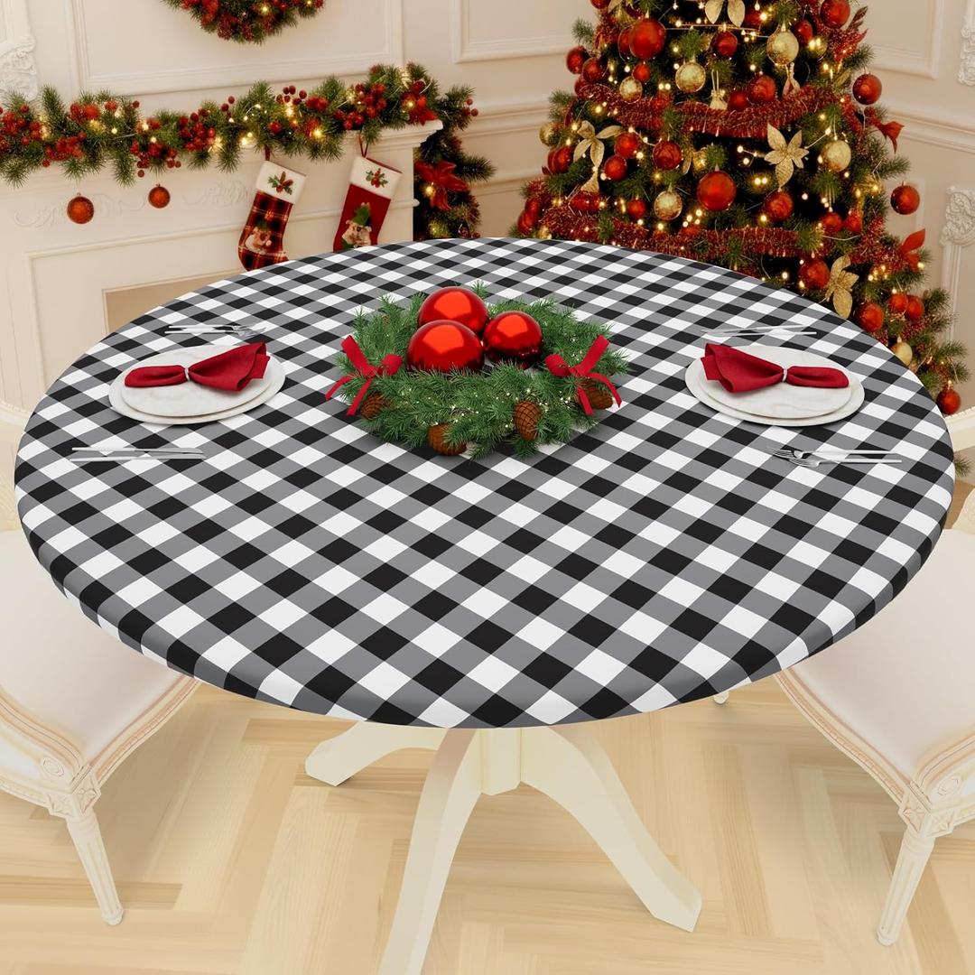 Smiry Round Picnic Tablecloth, Elastic Waterproof Fitted Vinyl Tablecloths for 31"-35" Tables, Flannel Backed Buffalo Plaid Table Cover for Dining, Camping, Outdoor, Black and White