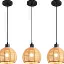 Woven Pendant Light Boho Chandelier, Rattan Pendant Lights Kitchen Island, Farmhouse Pendant Lighting with Hand Woven Wicker Shade, Boho Chandelier Light Fixtures Ceiling Hanging Light (7.87" Rattan 3 Pack)