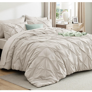 Bedsure King Comforter Set Linen - Bed in a Bag Bedding Set 7 Pieces, GentleSoft™ Pintuck Bed Set Gift for Family, Pinch Pleat All Season Comforter with Sheets, Pillowcases & Shams 