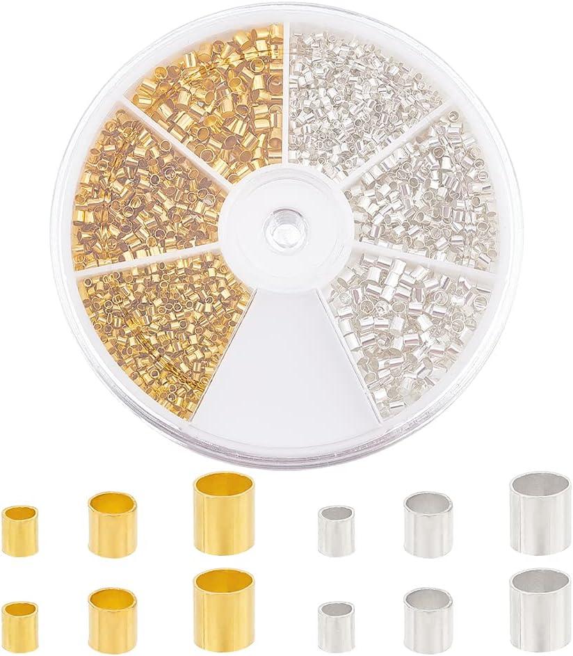 PH PandaHall Crimp Tube Beads, 3000 Pcs 1.5mm 2mm 2.5mm Brass Tube Crimp End Spacer Beads Cord End Caps Loose Stopper Bead for Earring Necklace Pendant DIY Jewelry Gift Making, Golden/Silver (3 Sizes-Diameter 1.5~2.5mm)