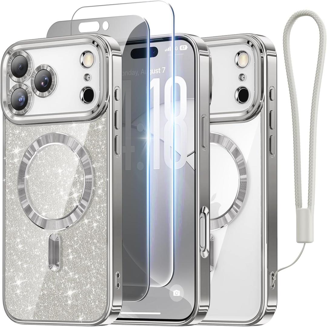 Meifigno Designed for iPhone 17 Pro Case 6.3", [Glitter Card & Wrist Strap][Compatible with MagSafe][1HD +1X Privacy Screen Protectors] Surround Raised Lens Protection for 17 Pro Case, Titanium Silver