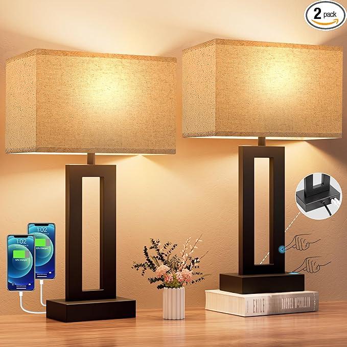 Seealle Bedroom Lamps for Night Stands  Touch Control, 3 Way Dimmable, USB C+A Charging, LED Bulbs, Easy Assembly
