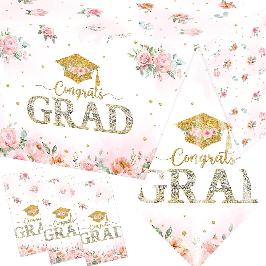 2026 Graduation Decorations,3pcs Floral Graduation Decorations Congrats Grad Tablecloth Rectangle Flower Plastic Graduation Tablecloth for Girl Pastel Floral Grad Party Decorations
