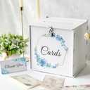 OurWarm White Wedding Card Box with Lock, PVC Gift Card Box with Blue Wreath, Wedding Decorations for Reception Envelop Money Gift Boxes for Graduation Birthday Bridal Baby Shower Decor