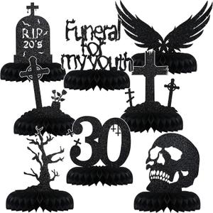 Fumete 8 Pack Death to My 20s Decorations Rip 20s Birthday Decorations Gothic 30th Birthday Honeycomb Centerpieces Goth Table Decor Glitter Funeral for My Youth(Black)