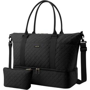 HOTOR Travel Duffel Bag - Weekender Bags for Women, Carry On Overnight Bag with Shoe Compartment, with Toiletry Bag for Travel Essentials and Travel Accessories, Black, 13.4"17.3"7.9"